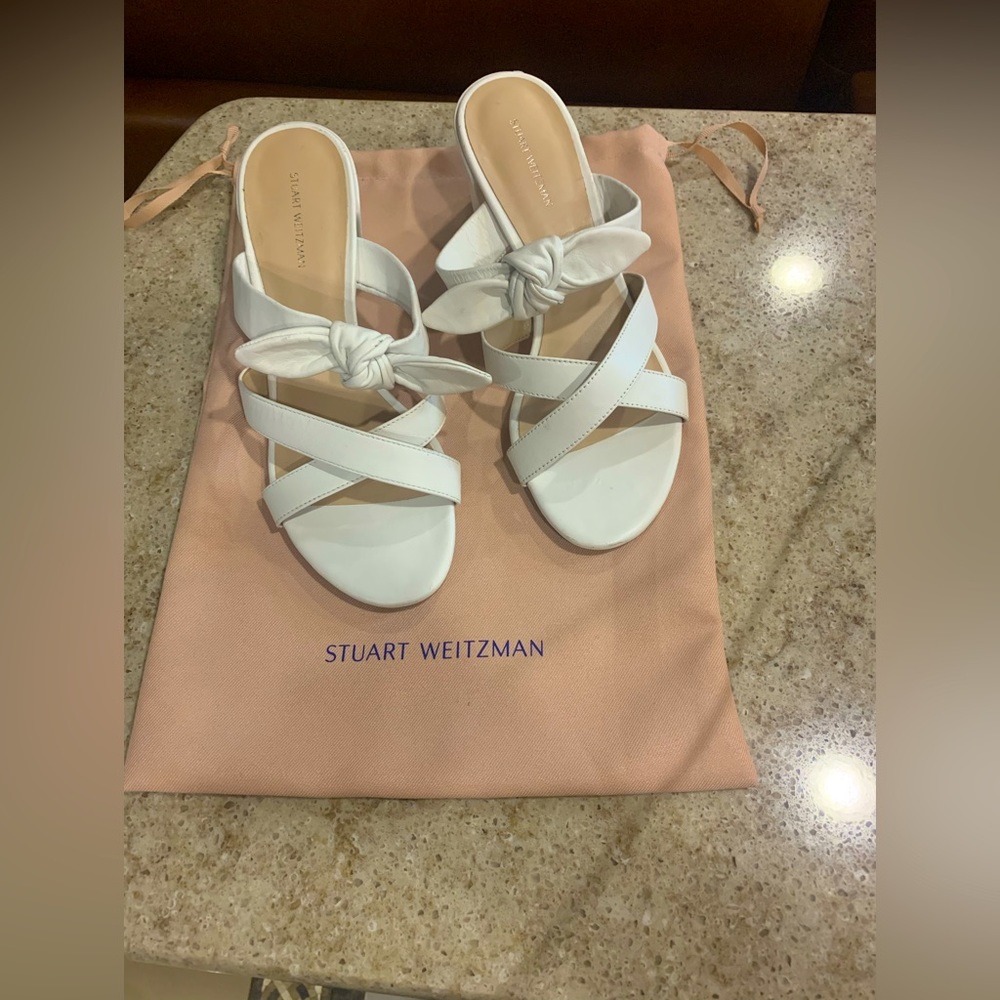 NWOT Stuart Weitzman Bandeau Block White Leather Slide Sandal Size 8.5